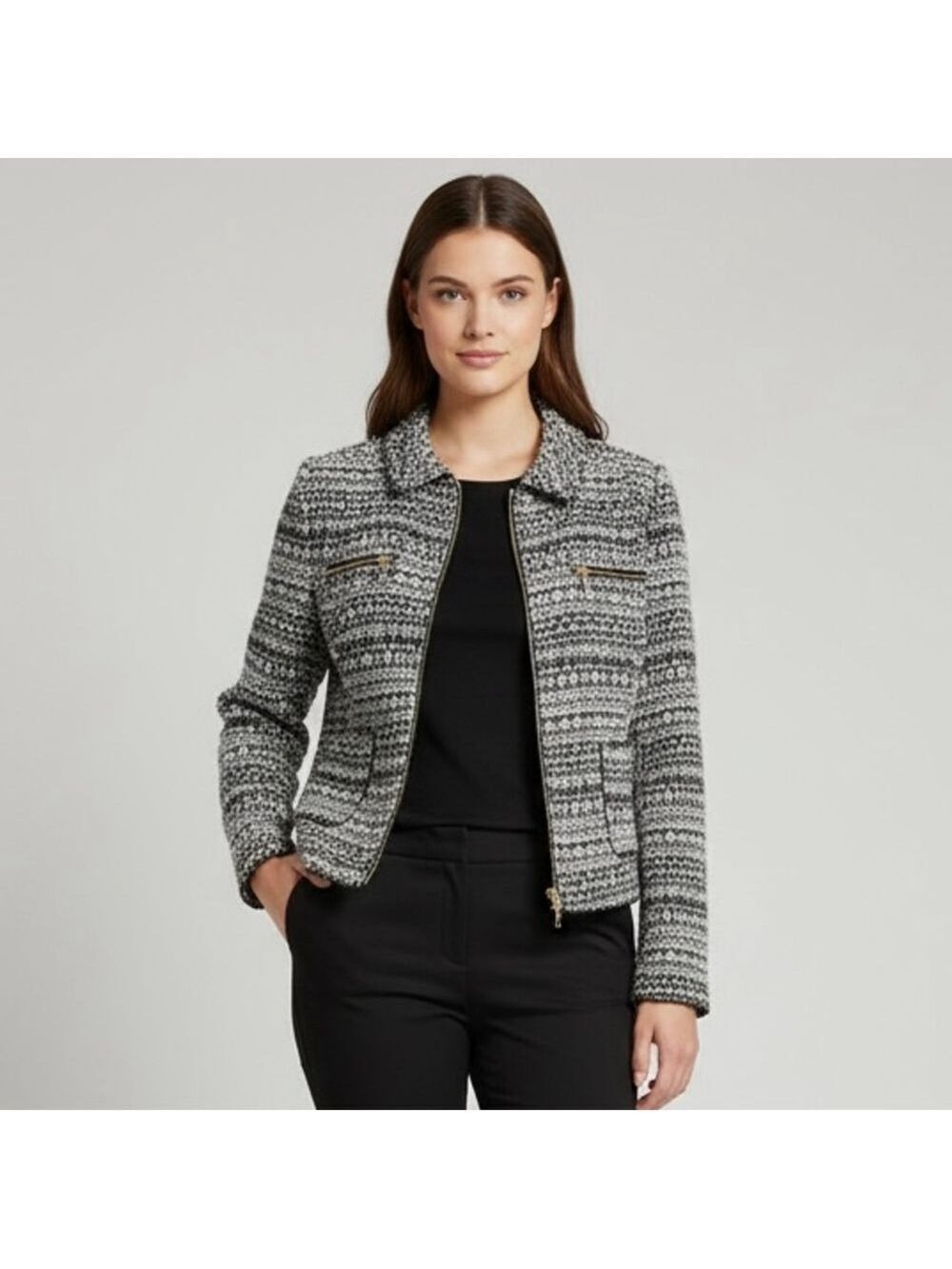 Zara Cropped Zipped Tweed Blazer Cream Black Sz Large preppy academia office